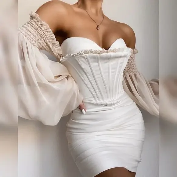HOUSE OF CB Beau White Ivory Draped Corset Bustier Dreamy Flowy Chiffon Dress - Picture 7 of 16